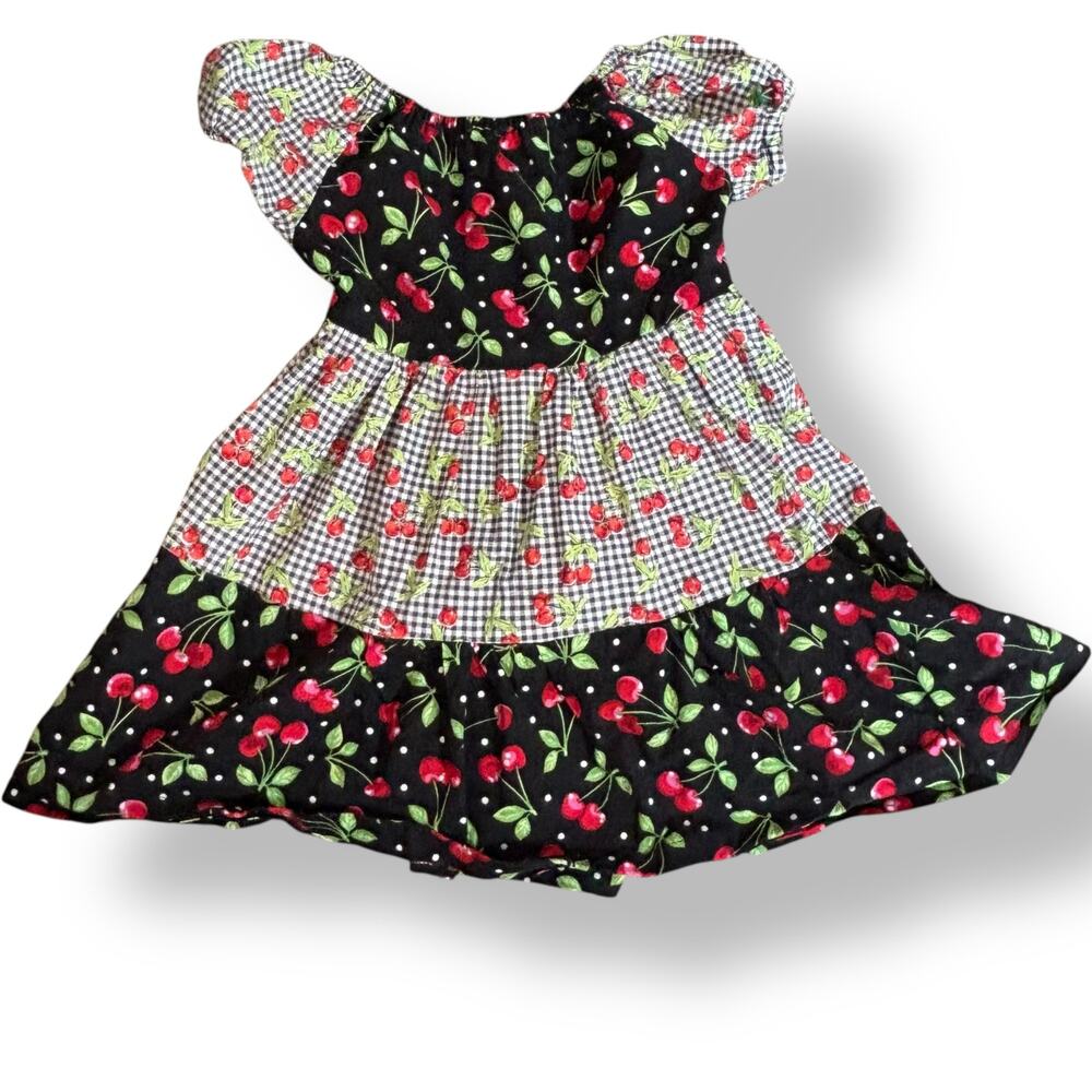 Cherry Black Gingham Cottagecore Puff Sleeve Dress 4T 5T Handmade Retro Style